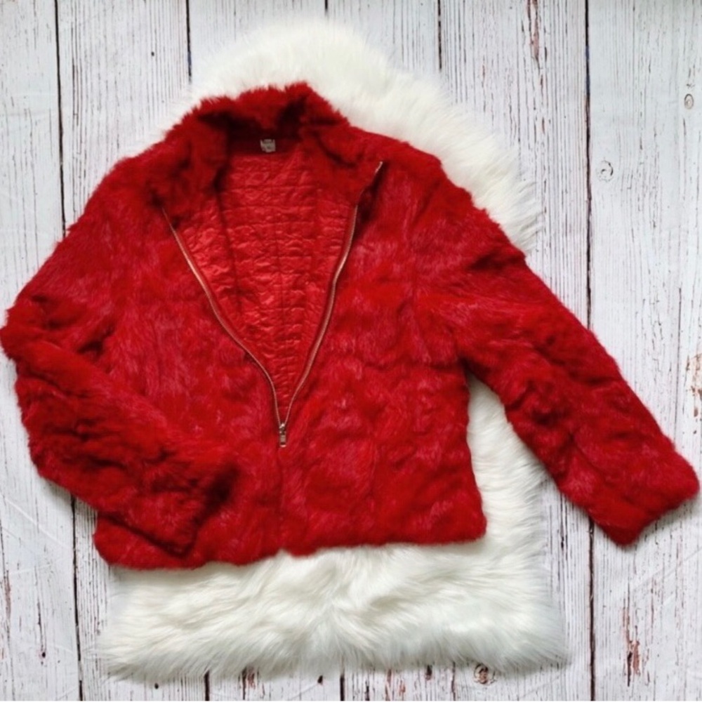Faux Fur Cherry Red Zip Up Statement Jacket Sz XL